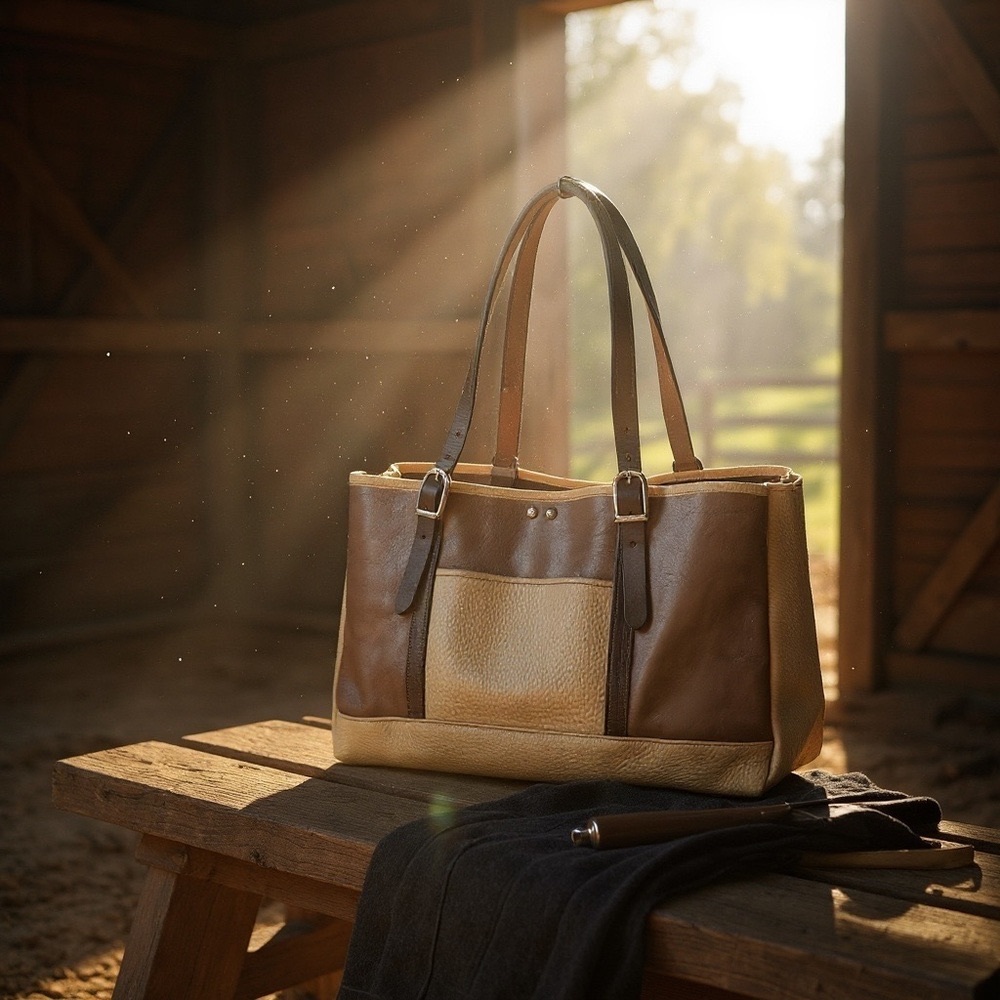 Two-Tone Brown & Tan Genuine Leather Tote Bag with Adjustable Leather Handles